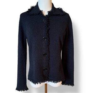 SIGRID OLSEN Black Fringed Hem Blazer Boucle Single Breasted Jacket Classic Coat